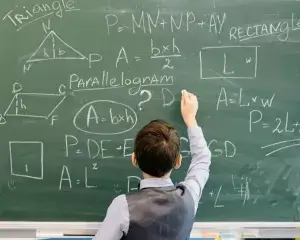 A student solving a problem on the chalkboard using his critical thinking skills. CurioBuddy offers resources like interactive games and kids magazines to develop these skills.
